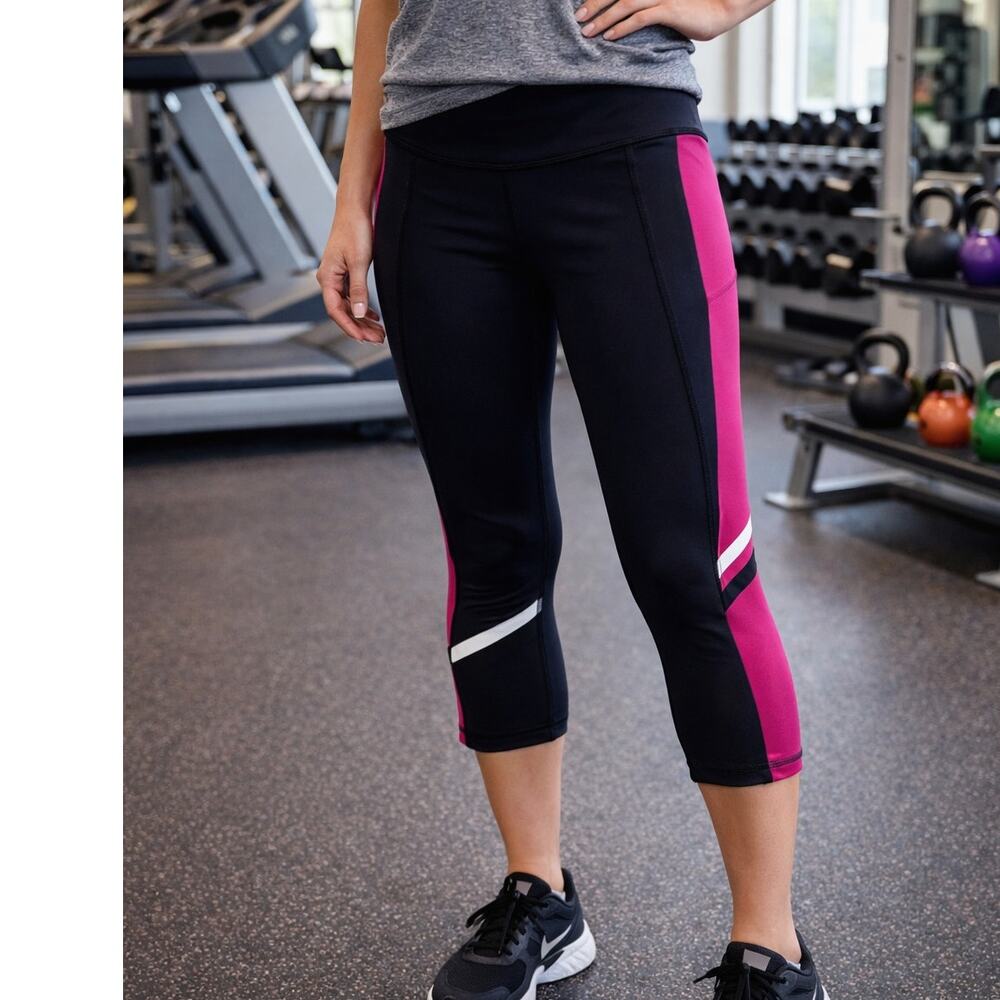Champion women's Large black and pink capri leggings high waist athletic workout